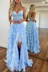 Baby Blue Sweetheart Prom Dress Tiered Lace Chiffon Evening Dress