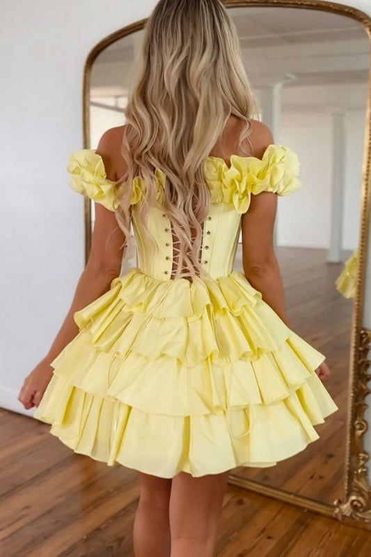 Yellow Tiered Homecoming Dress Ruffles Short Cocktail Dress