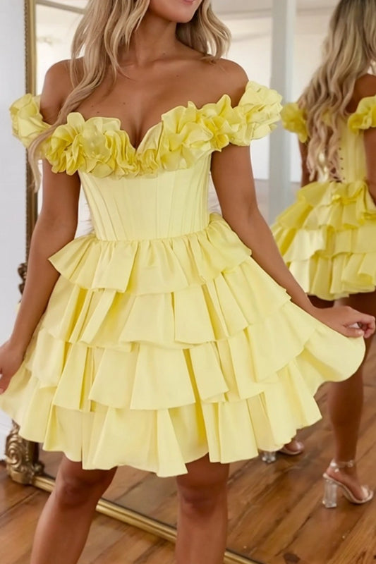 Yellow Tiered Homecoming Dress Ruffles Short Cocktail Dress