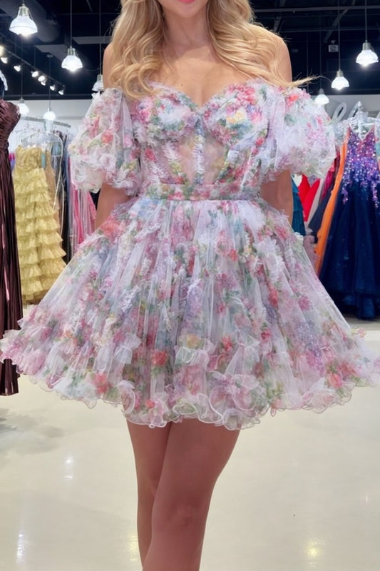 Floral Off-the-Shoulder A-Line Printed Short Homecoming Dress