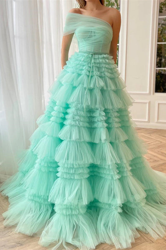 Mint Green One Shoulder Prom Dress A Line Tiered Evening Dress