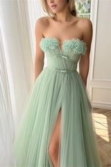 Green A Line Strapless Prom Dress A Line Evening Dress with Slit