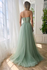 Green A Line Strapless Prom Dress A Line Evening Dress with Slit