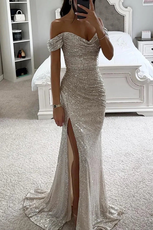 Ivory Off the Shoulder Prom Dress Sequin Evening Dress with Slit