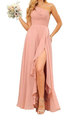 Dusty Rose One Shoulder Bridesmaid Dress Chiffon Wedding Guest Dress