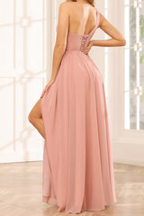 Dusty Rose One Shoulder Bridesmaid Dress Chiffon Wedding Guest Dress