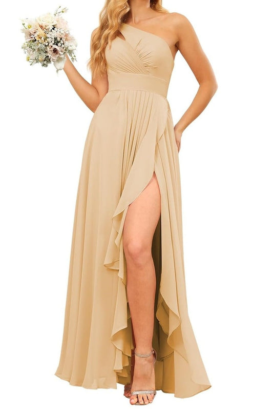 Dusty Rose One Shoulder Bridesmaid Dress Chiffon Wedding Guest Dress