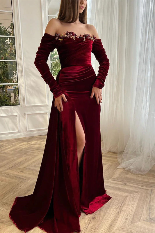 Burgundy Velvet Evening Dress Off the Shoulder Party Dress with Panel Train