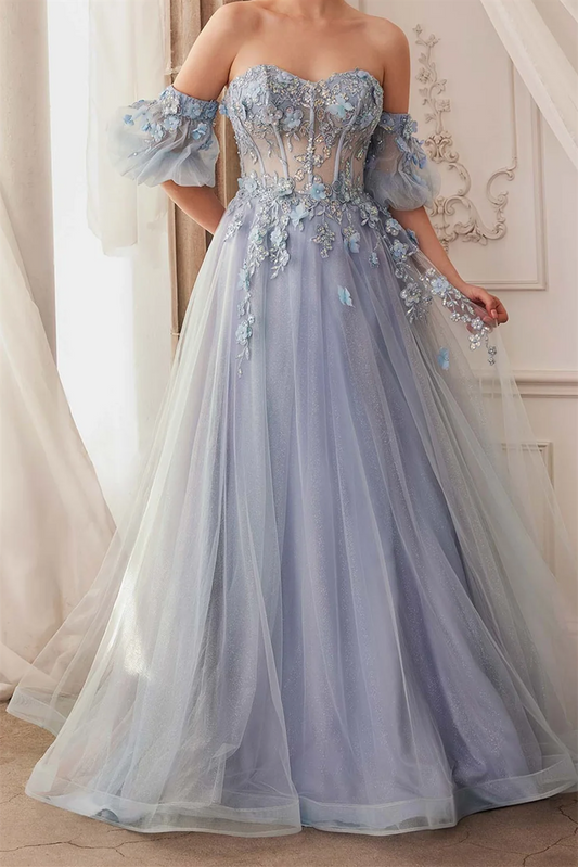 Sweetheart A Line Prom Dress Corset Tulle Evening Dress with Sleeves