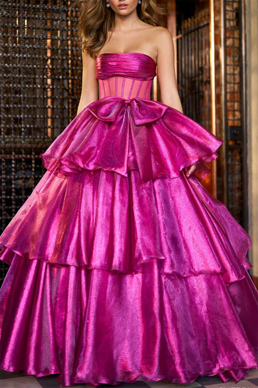 Fuchsia Strapless Prom Dress Tiered Ball Gown Evening Dress