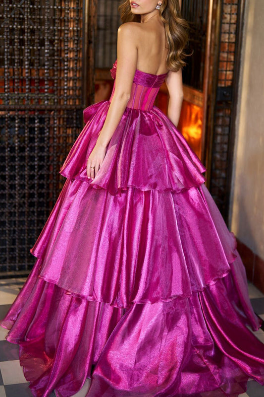 Fuchsia Strapless Prom Dress Tiered Ball Gown Evening Dress