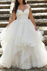 White A Line Wedding Dress V Neck Tulle Appliques Bridal Dress with Ruffles