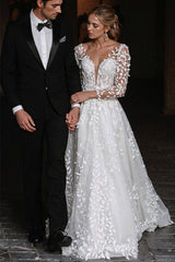 Ivory V Neck Wedding Dress A Line Appliques Bridal Dress with Sweep Train