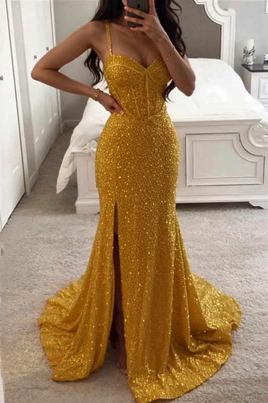 Yellow Mermaid Prom Dress Sequin Corset Spaghetti Straps Evening Dress