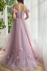 Dusty Rose A Line Prom Dress Off the Shoulder Evening Dress with Flowers