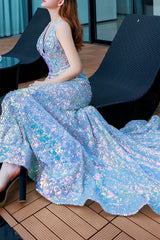 Blue Halter Mermaid Prom Dress Sequin Evening Dress