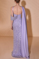 Lilac Sheath/Column One Shoulder Floor-length Prom Dress