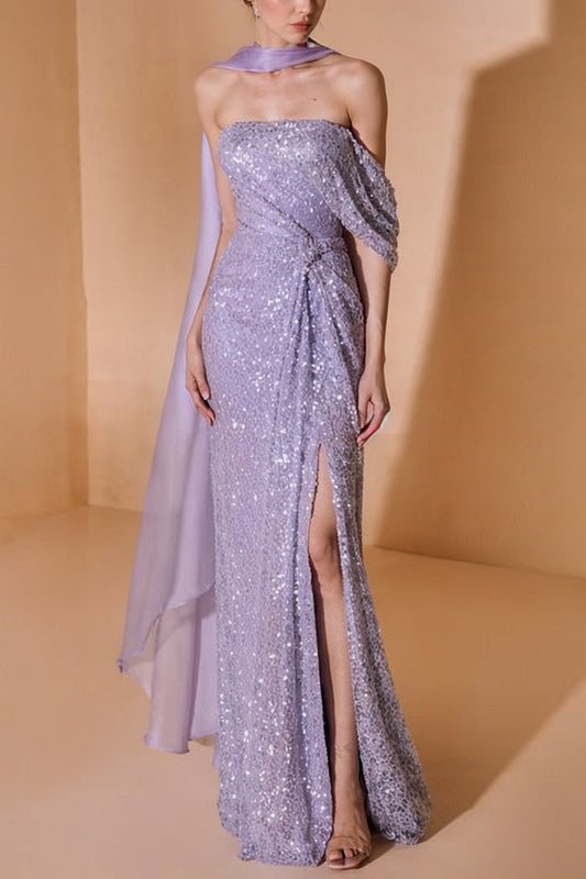 Lilac Sheath/Column One Shoulder Floor-length Prom Dress