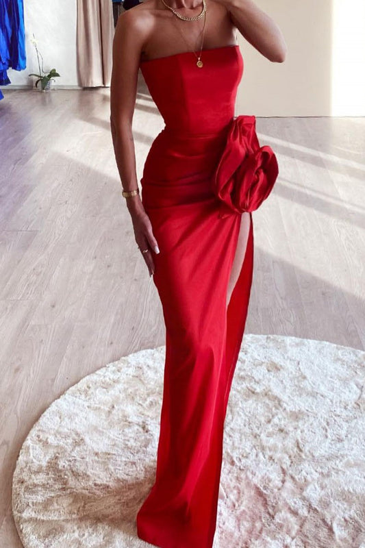 Red Prom Dress Sheath/Column Strapless Evening Dress with Flower