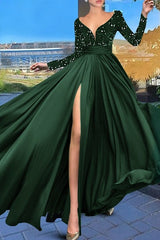 Green A-Line Evening Dresses Long Sleeve V Neck Prom Dress