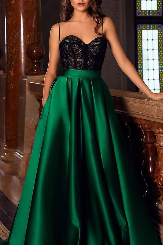 Dark Green Prom Dresses A-Line Spaghetti Straps Satin Evening Dress