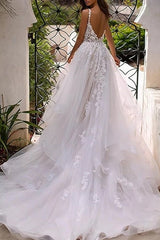 Ivory Wedding Dress A-Line Tulle Spaghetti Straps Bridal Dress with Appliques