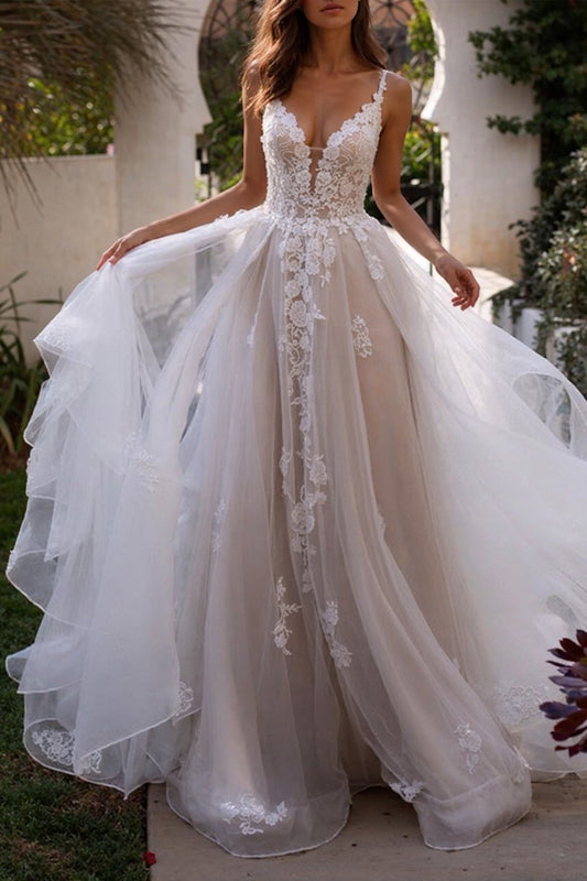 Ivory Wedding Dress A-Line Tulle Spaghetti Straps Bridal Dress with Appliques