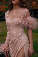 Pink Mermaid Formal Dress Sweetheart One Shoulder Evening Dresses with Feather