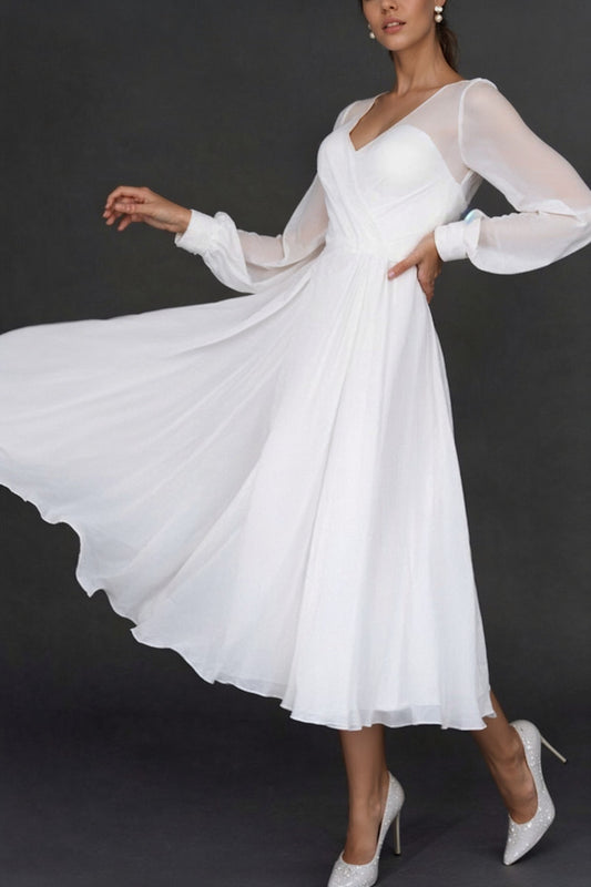 Ivory A-Line Wedding Dress V-Neck Tea-length Long Sleeves Bridal Dress