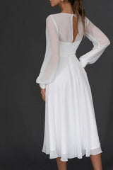 Ivory A-Line Wedding Dress V-Neck Tea-length Long Sleeves Bridal Dress