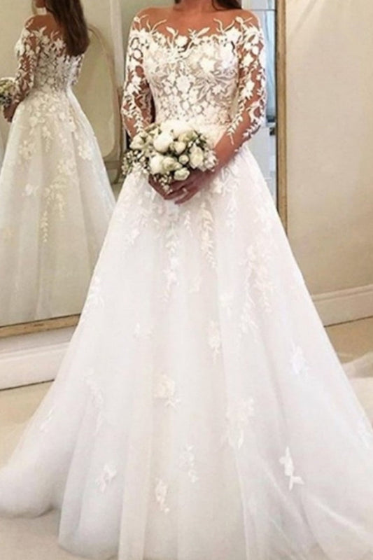 Ball Gown Off-the-Shoulder Wedding Dress Long Sleeves Bridal Dress with Appliques