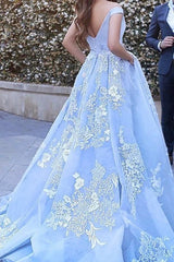 Blue Ball Gown Tulle Off the Shoulder Long Prom Dress