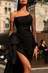 Black Prom Dress Sheath/Column One Shoulder Evening Dress With Split Side