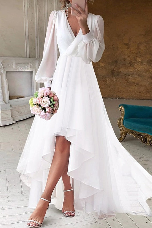 Ivory High Low Wedding Dress Long Sleeves V Neck Bridal Dress