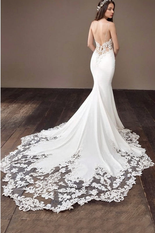 Ivory Mermaid Wedding Dress Spaghetti Straps Appliques Lace Bridal Dress