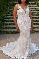 Ivory Wedding Dress Mermaid V Neck Lace Appliques Bridal Dress