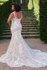 Ivory Wedding Dress Mermaid V Neck Lace Appliques Bridal Dress