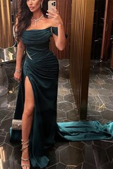 Green Sheath/Column Prom Dress Spaghetti Straps Evening Dress with Panel Train