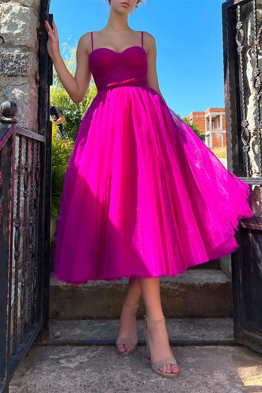 Fuchsia A Line Wedding Party Dress Spaghetti Straps Tea Length Prom Dress