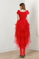 Red A Line Tulle Party Dress Tiered Prom Dress