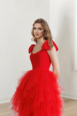 Red A Line Tulle Party Dress Tiered Prom Dress