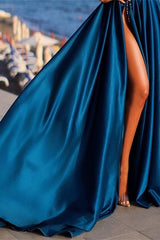 Blue One Shoulder Prom Dress A Line Evening Dress with Slit