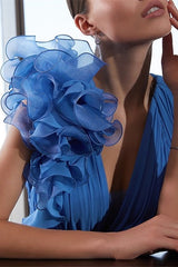 Blue A Line Chiffon Wedding Party Dress V Neck Evening Dress with Flower