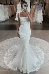 Ivory Mermaid Wedding Dress Spaghetti Straps Appliques Bridal Dress