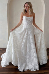 Ivory Wedding Dress Strapless Lace A Line Bridal Dress with Sweep Train