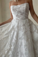 Ivory Wedding Dress Strapless Lace A Line Bridal Dress with Sweep Train