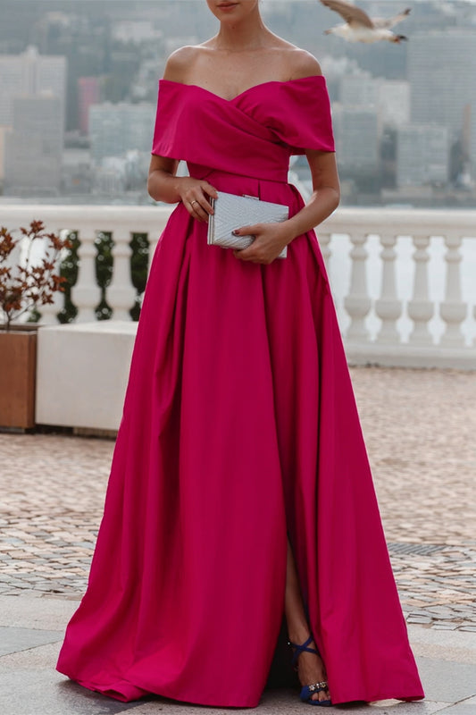 Fuchsia A Line Off the Shoulder Evening Dress Floor Length Wedding Guest Dress with Slit