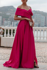 Fuchsia A Line Off the Shoulder Evening Dress Floor Length Wedding Guest Dress with Slit