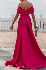 Fuchsia A Line Off the Shoulder Evening Dress Floor Length Wedding Guest Dress with Slit