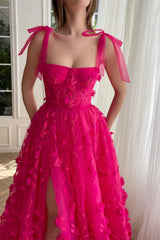 Fuchsia A Line Tulle Prom Dress Appliques spaghetti Straps Formal Dress